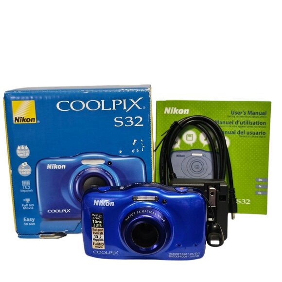 Nikon COOLPIX S32 13.2MP Digital Camera Blue Waterproof Box Battery Charger Card - Picture 3 of 16